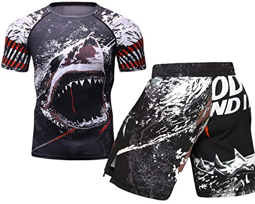 Cody Lundin – Maglietta a maniche corte a compressione e pantaloncini thailandesi per combattimento MMA, boxe e allenamento sportivo, stile C, M