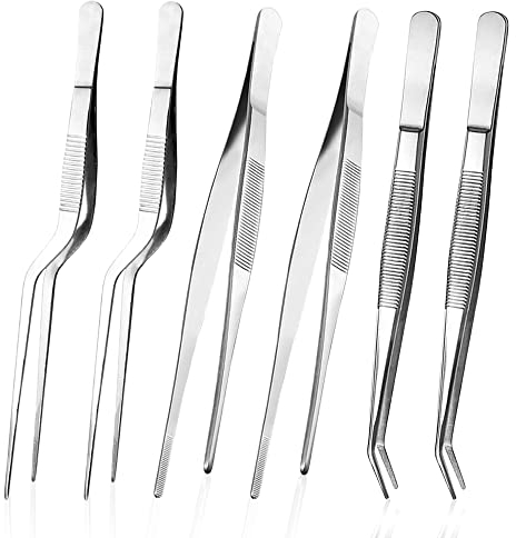 Pinzette da Cucina in Acciaio Inox - Set di 6 Pezzi per Barbecue, Decorazione Piatti, Cucinare e Cuocere - 16 cm
