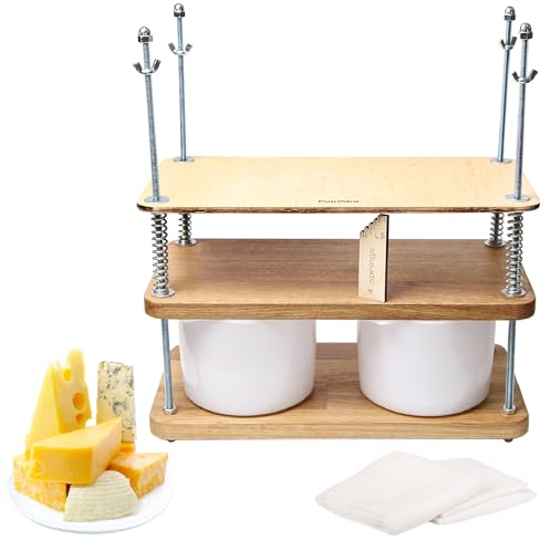 Pressa per formaggio in rovere naturale, spessore 18 mm, con pressa per formaggio in legno e 2 stampi per formaggi, 1,8 l, bianco, garza, molle e scala di misurazione inclusa