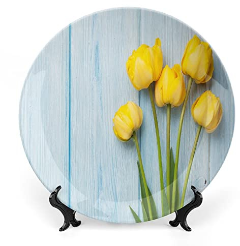6 Inch Decorative Plate, Tulip Ceramic Plate, Yellow Flowers on Old Wooden Rustic Background Valentines Print Ceramic Wall Hanging for Home Office Party Dinner Table Decor, Baby Blue Yellow Green