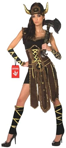 Morph Vikingakostym Dam - Gulddekorerad Klänning & Vikingahornhatt Medeltida Halloween Maskeradkläder Vuxen