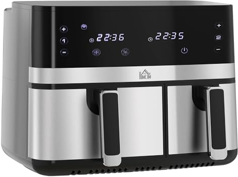 HOMCOM Friteuse à air sans huile dual zone air fryer 8,5 L - 2700 W - 8 programmes, écran LED tactile, température réglable, minuterie, 2 paniers antiadhésif, finition de synchronisation, recette