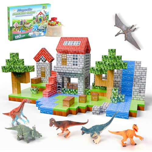Demolike Blocs magnétiques 110 pièces avec 6 jouets en forme d'animaux, jouets pour garçons et filles de 3 ans et plus, jeux créatifs pour enfants, jungle et dinosaure