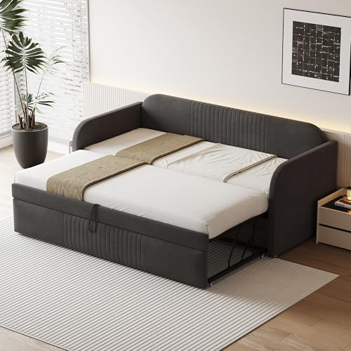 Moimhear Cama tapizada Sofá cama extensible 90/180 x 190 cm, con rayas verticales, con somier, cama multifunción, tejido de lino cómodo y transpirable (gris)