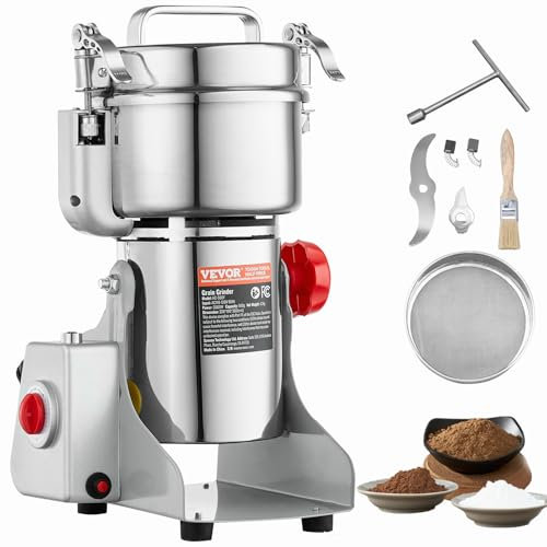 VEVOR 500g Mulino Elettrico per Cereali, Macina Spezie Commerciale Alta Velocità 2000 W, Macchina Polverizzazione in Acciaio Inox, per Cereali Secchi, Spezie, Caffè, Mais, Pepe, Tipo Oscillante