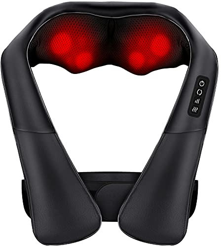 Massaggiatore Cervicale e da Schiena Collo Piedi Massaggiatore Shiatsu 4D Tre Velocità Terapia Riscaldamento Cambio Direzione (Nero, PU-Leder con Cintura)