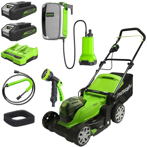 Greenworks 2x24V Tondeuse à gazon sans fil , 36cm largeur , batterie 2x2Ah et chargeur à double fente + Greenworks G24SWP Pompe à Eau Submersible Sans Fil, SANS Batterie Ni Chargeur, Garantie 3 Ans