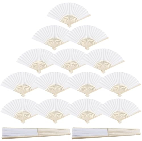 VEGOATY 24 Stück Handfächer Hochzeit Fächer Weiß Fächer Hochzeit, Weiß Hochzeitsfächer Bambus Papierfächer, Klappfächer Fächer Hochzeit, Gäste, Hochzeit Stoff Fächer für Wedding Hochzeit Party