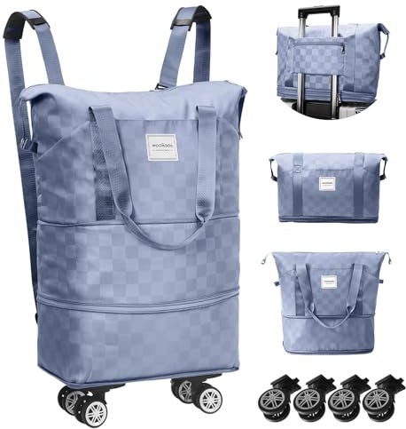 WOOMADA Expandable Foldable Rolling Duffel Bag with Wheels, Detachable Rolling Backpack Weekend Bag for Travel, Business, Camping, Gift for Parents, Spouse(blue checkerboard)