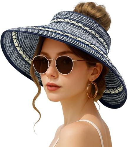 XMMAXFLOW Sun Hats for Women Beach Hats Wide Brim Straw Sun Visors Ponytail Hat Summer Packable Foldable Travel UV Protection Hat, Blue White