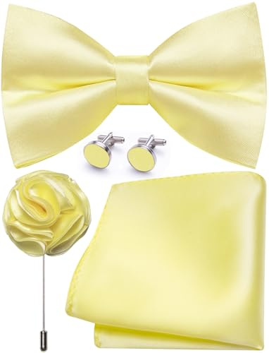 Ailisus Mens Light Yellow Bow Tie and Pocket Square Cufflinks Lapel Pin Set Silk Pre-tied Bowtie Adjustable Wedding Party Business