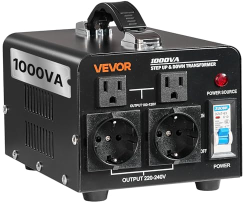 VEVOR Transformateur 220 V à 110 V et 110 V à 220 V, Transformateur de Tension Élévateur et Abaisseur, 1000 VA, avec Prises Américaines, Européennes, Cordon d'Alimentation, Protection par Disjoncteur