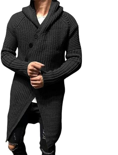 Maglioni da uomo lavorati a maglia, cardigan lungo con cappuccio, a maniche lunghe, con bottoni, maglieria invernale a coste, Nero , L