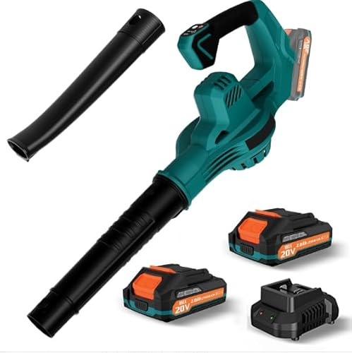 Soplador de batería de 20 V, soplador de hojas inalámbrico con batería, 2 x 2,0 Ah y cargador, 2 velocidades máximas 360 m³/h, portátil soplador de hoja para césped, jardín, patio, garaje