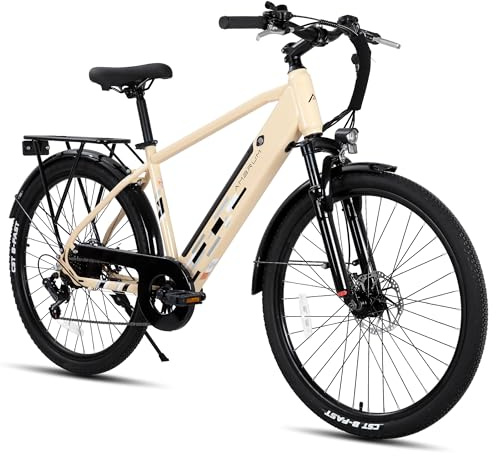 HILAND 26 Inch Electric Mountain Bike for Adults, 7-Speed E-Bike with 250W Motor and 36V 10.4Ah Battery, Dual Disc Brakes, High-Carbon Steel Frame, Commuter Electric Bicycle for Men and Women, Yellow