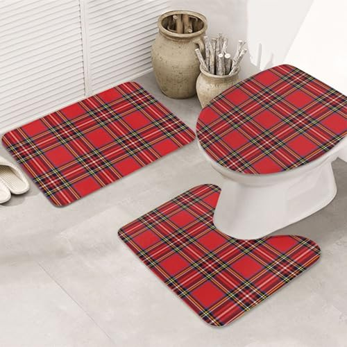 Juego De 3 Alfombrillas De Baño Búfalo Rojo Y Negro Tartán Escocés A Cuadros Juego De Alfombrillas De Baño por Encargo Absorbentes Alfombras De Cama, para Cocina, Bathroom, Dormitorio