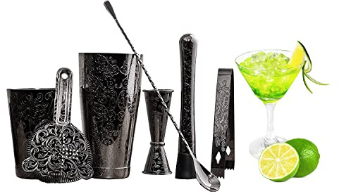 SKY FISH Bartender Kit Cocktail Shaker Set-7 Pieces Stainless Steel Black Plated Etching Bar Tools with Boston Shaker Tins,Mixing Spoon,Mojito Muddler,Japanese Double Jigger,Hawthorne Strainer