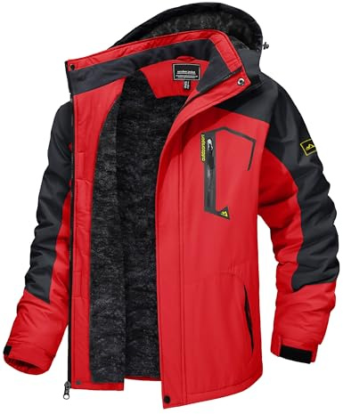 TACVASEN Men's Ski Jacket - Winter Snow Water Resistant Fleece Snowboarding Jacket With Hood - Outdoor Soft Shell Parka Sportswear, Red