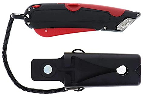 Veltec EZ-1000 Safety Box Cutter Utility Knife, 3 Blade Depth Setting, Squeeze Trigger and Dual Side Edge Guide, 2 Blades, Holster and Lanyard (Red)