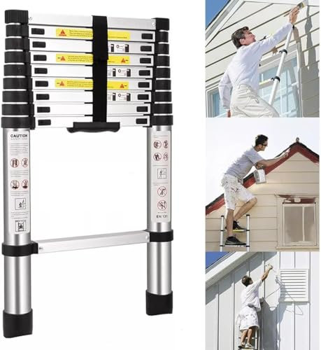 Multi-Purpose Heavy Duty 2.59m/8.7ft Telescopic Stainless Steel Ladder EN131 Safe Standard 330 LB Load Capacity