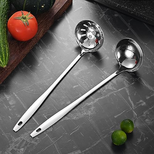 2 Stück Suppenkelle und Schaumlöffel Edelstahl - Schöpflöffel Edelstahl, Suppenkelle Schaumkelle Klein für Hotels, Wohnungen, Restaurants, Küchen, Silber (31cm)
