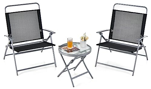 GIANTEX 3 TLG. Bistro Set, klappbare Sitzgruppe mit 2 Stühlen & 1 rundem Beistelltisch, wetterfestes Balkonmöbel-Set mit Metallrahmen für Garten, Terrasse & Balkon, schwarz