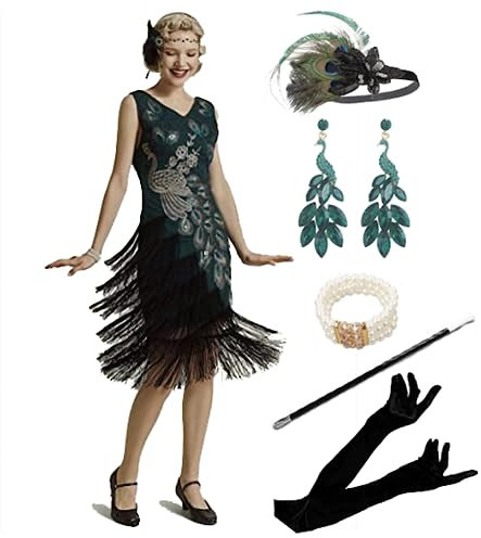 MIMIKRY 20er Jahre Flapper Pfau Damen Kostüm Grün Fransen-Kleid mit Pailletten und 5-tlg. Zubehör-Set, Größe:XS
