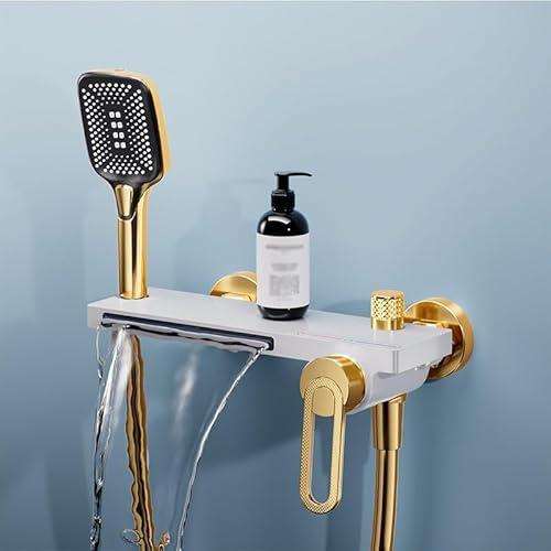 ZYCDP Grifo de Bañera Grifo Bañera Cascada Pared 2 Funciones Latón Juego Kit de Ducha con Ducha de Mano Con Desviador, blanco+dorado