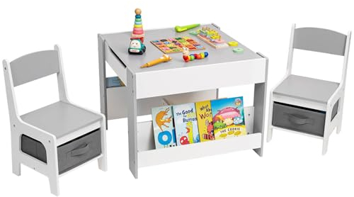 Yorbay Kindertisch mit 2 Stühle, Kindermöbel Set aus Holz mit Stauraum und Bücherregalen, 3 in 1 Maltisch & Aktivitätstisch & Tafeltisch, Kinderzimmer, Spielzimmer, Vorschüler (Grau)