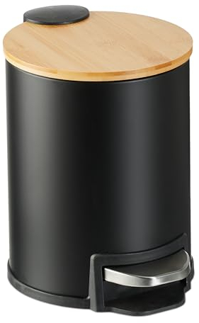 Relaxdays 3 L Pattumiera Bagno a Pedale, Cestino Cosmetici con Secchio Interno Rimovibile, Bidone Ferro e bambù, Nero