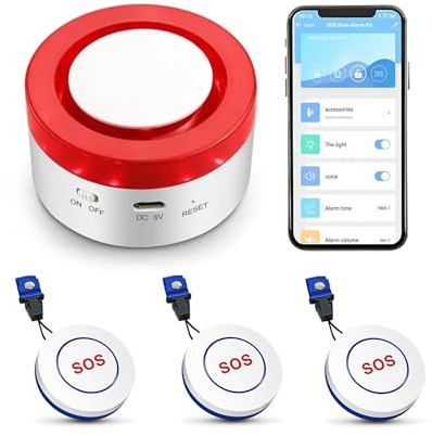 WiFi Caregiver Pager Call Button: Wireless Nurse Alert Call Bell, Personal Alarm Call Button with App Alerts, Emergency Alert Pager for Elderly Patients (3 SOS Buttons+1 Siren)