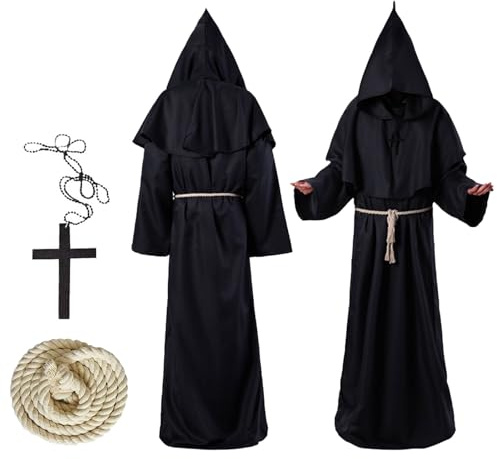Ajuanbazha Deguisement Moine, Déguisement Pretre avec Capuche Ceinture et Croix, Déguisement Médiéval Homme, Pretre Costume pour Halloween, Cosplay (XL)