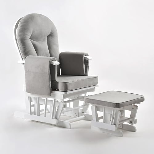 Schaukelstuhl mit Hocker - Verstellbare Rückenlehne, Stillsessel und Fernsehsessel, Stillstuhl Funktion, Ideal für Jedes Wohnzimmer, Naturholz Sessel Grau Weiß, Lesesessel mit Liegefunktion (Grau)