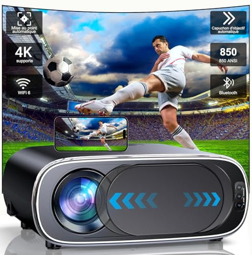 Fwiull Proiettore 4K, messa a fuoco automatica/correzione trapezoidale 28.000L WiFi6 Bluetooth 1080P Full HD Proiettore Home Cinema Zoom 50% a 100% Schermo Max 300 Copriobiettivo Automatico