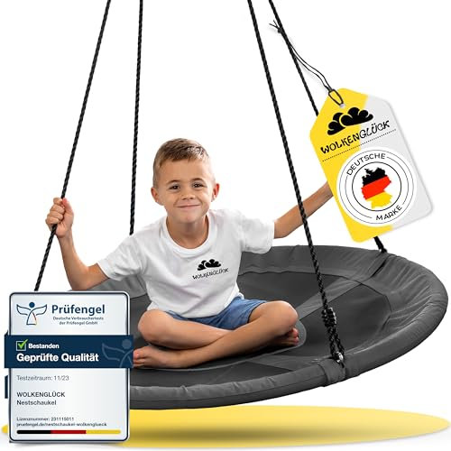 WOLKENGLÜCK® Nestschaukel [Ø 110 cm] - Höhenverstellbare Schaukel Outdoor & Indoor für Kinder und Erwachsene (max. 150 kg) - Tellerschaukel inkl. Montage-Zubehör [Grau]