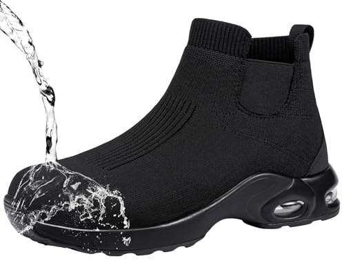 LARNMERN Steel Toe Shoes Men Women Non Slip Work Boots Water Resistant Safety Sneakers Slip On Industrial Air Cushion Chelsea Boots(7.5 Men, Black)
