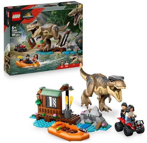 LEGO Jurassic World Le T. Rex et l’Évasion sur la Rivière - Jouet Interactif avec Figurine de Dinosaure - Bateau, 4x4 & 2 Minifigurines - Cadeau pour Garçon ou Fille dès 5 Ans 76975