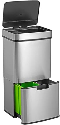 WELL HOME MOBILIARIO & DECORACIÓN Papelera de reciclaje 62L (37L+25L), cubo de basura con 2 compartimentos, apertura automática con sensor, en acero inoxidable