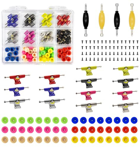 SIXPOINTS 156 Pieces DIY Fingerboard Making Kit Case-31mm Multicolour Trucks,Wheel, Screws,Nuts,Spanner,Compatible with Most Finger Board Repair Replace Tool (Multicolour Trucks Repair Box)