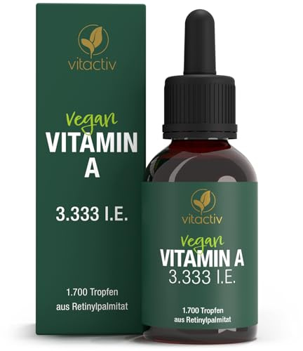 Vitactiv, vitamina A, gocce ad alto dosaggio, 50 ml, 1700 gocce per 850 giorni), 1000 µg (3333 UI), vitamina A al giorno, alta biodisponibilità di retinil palmitato, olio MCT, prodotto in Germania