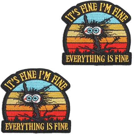 2 parches con texto en inglés I'm Fine Everything is Fine con diseño de gato divertido para ropa, bolsos, uniformes, brazaletes, motociclistas, pantalones, abrigos, mochilas, chaquetas, chalecos