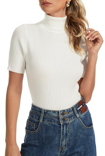 Biffxeu Women's Fall Short Sleeve Sweater Turtleneck Pullover Tops Winter Basic Ribbed Knit Slim Fitted Casual Shirts