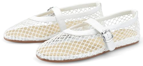 Aria Luxe Mesh Ballet Flats for Women Fishnet Ballerina Flats Buckle Strap Mesh Ballet Shoes Wide Width Casual Summer Dress Flat Shoes(White,5 UK)