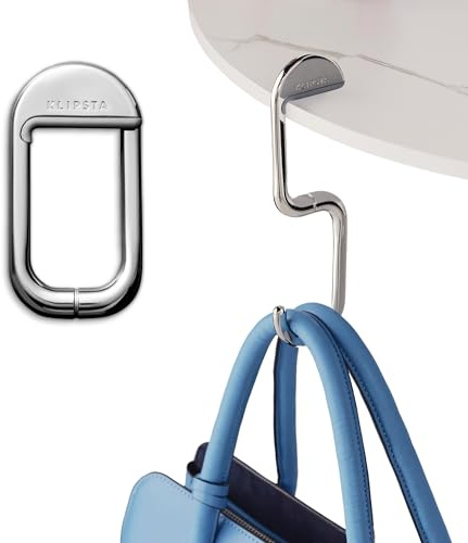 KLIPSTA FLIP Purse Hook for Table – Foldable Bag Hook | Portable Purse Hanger & Holder for Desk | Magnetic Closure | Holds 50 lbs | Gift for Women, Silver