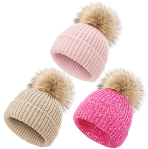 DRESHOW Gorro Bebe Invierno Gorro Lana Niño Sombreros Unisex de Punto Suave para Niños y Niñas con Pompón Bonito Gorros Cálidos para Niños de 0-36 Meses