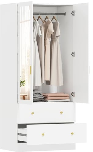 HOMCOM Armario Dormitorio 2 Puertas y 2 Cajones, Armario Ropero con Espejo, Barra para Colgar, Estilo Moderno, 80x50x180 cm, Blanco