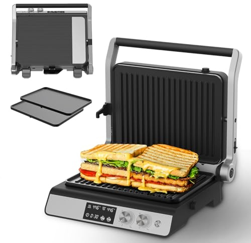 Panini Press,4 Slices Contact Grill with Removable Non-Stick Coated Grill and Flat Plates,Panini Makers with Temperature Control and Timer,Open 180 Degrees,Grill and Griddle (Half black with digital)