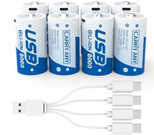 CARRY ANY 8 Pack8000mWh Rechargeable Lithium D Batteries, with USB-C Cable
