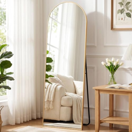 Clevich Full Length Mirror, 162×50cm Arched Full Body Floor Mirror with Stand, HD Glass, Aluminum Frame, Non-slip U-shaped Stand, Leaning or Hanging Mirror for Living Room/Bedroom/Entrance (Gold)
