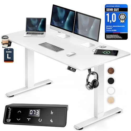 Casaria® Höhenverstellbarer Schreibtisch elektrisch 140 x 70 cm mit Wireless Charger & USB-C/A Anschluss LCD-Display Memory-Funktion 80 kg belastbar ergonomisch Weiß